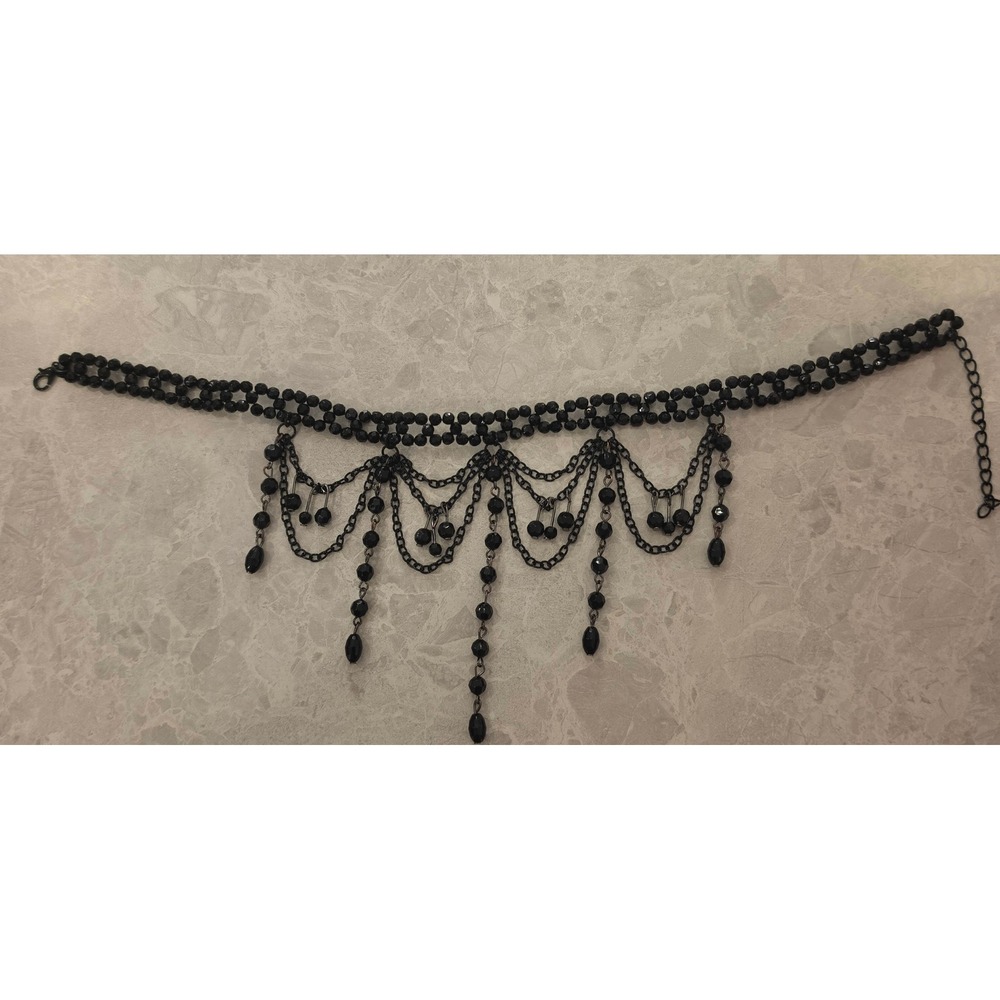Black Beaded Chandelier Choker Necklace Gothic Draped Chain Teardrop Victorian